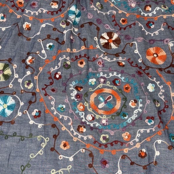 Anu Women's M Multicolored Crochet Floral Print Chambray Tunic Top V-Neck Pocket - Picture 7 of 7